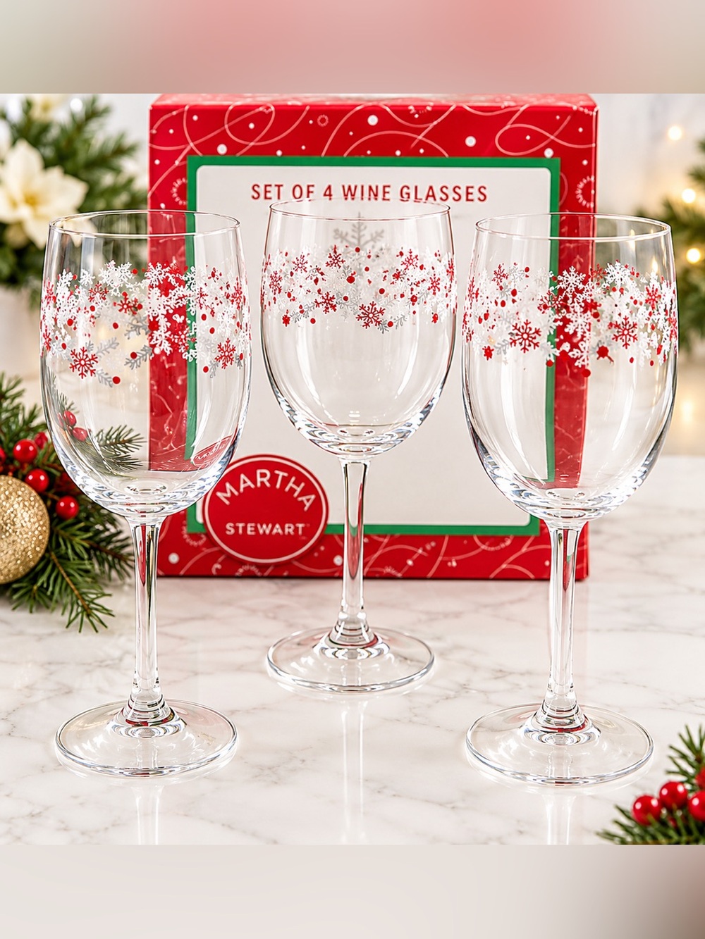 Martha Stewart Clear Wine Glasses with Red and White Snowflake Band - Set of 3